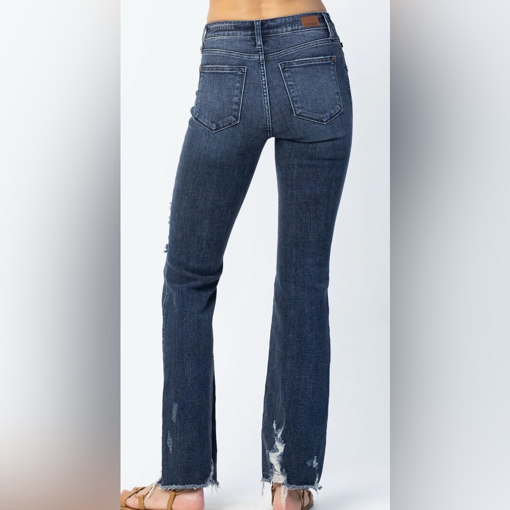 NWT - Judy Blue - Mid-Rise Dark Destroy Slim Bootcut Denim Jeans - Size 24W - Picture 4 of 6